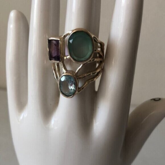 925 Sterling Silver Lacy Bezel Ring 3 Gemstones Purple, Blue & Aqua India Sz.7 - Picture 5 of 16